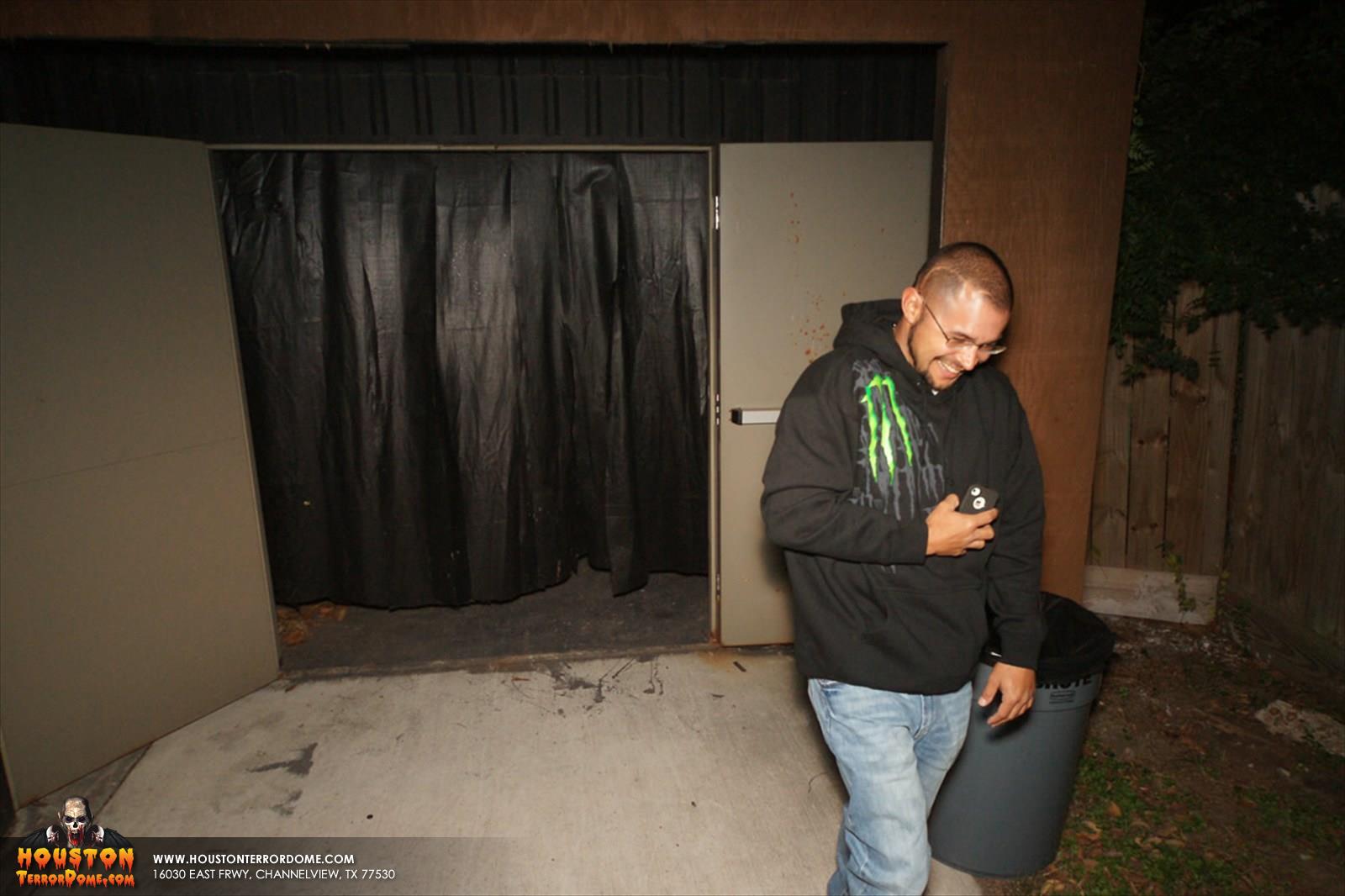 Visitor exiting the haunted house.