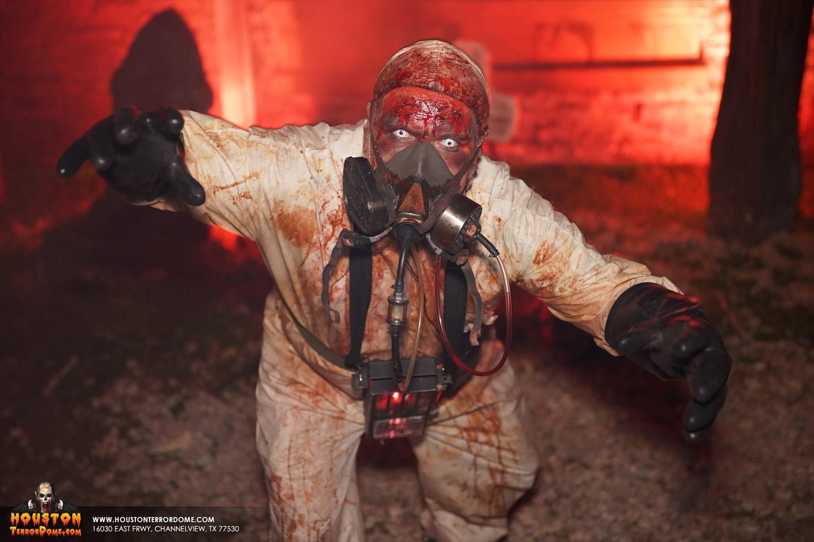 Mad Doctor covered in blood using breather mask is possesed